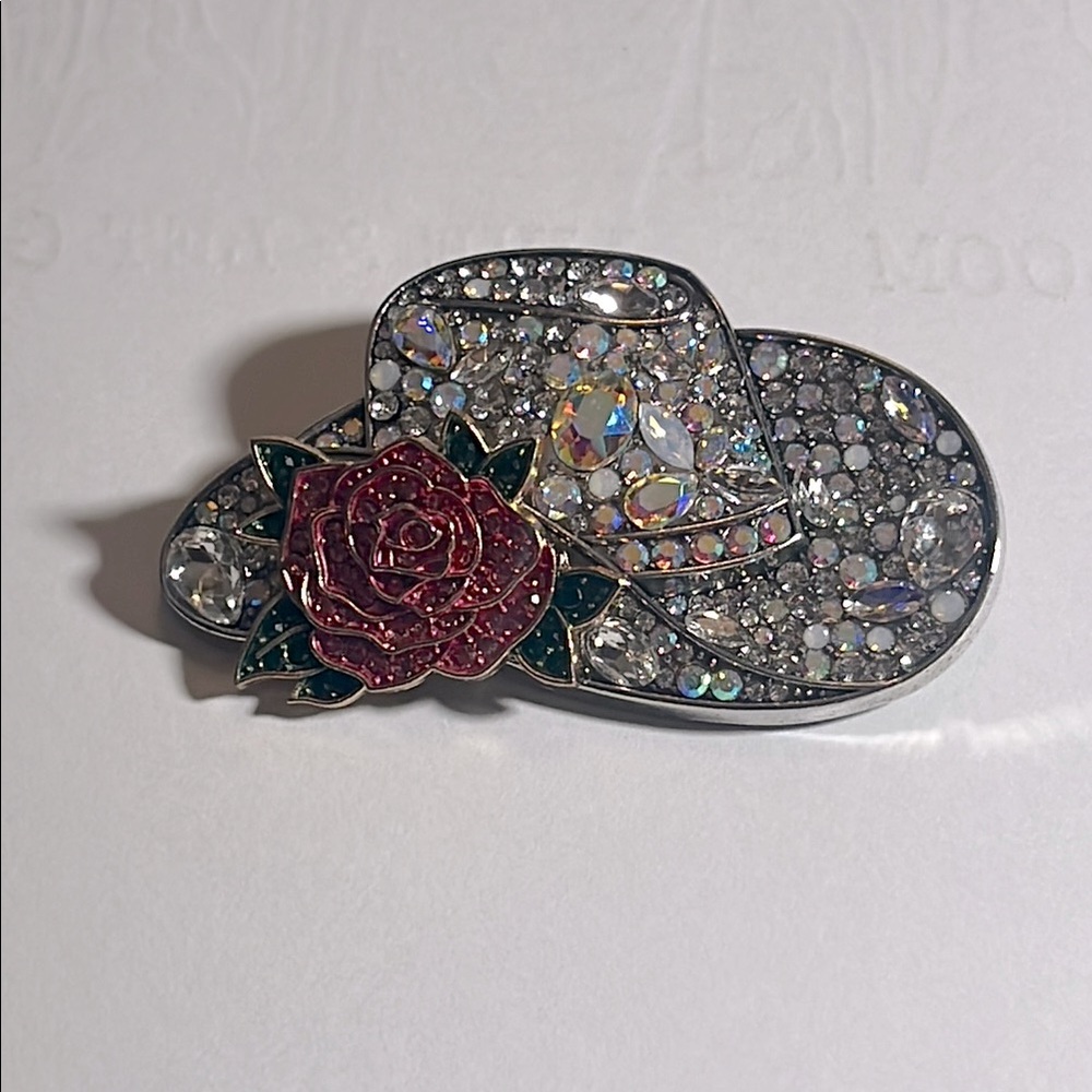 Elegant Crystal Hat Brooch with Rose Accent